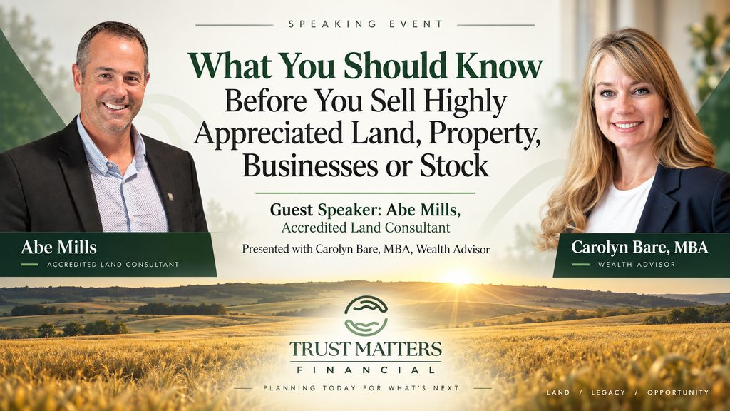 Abe Mills and Carolyn Bare speaking event graphic for land and appreciated asset planning seminar