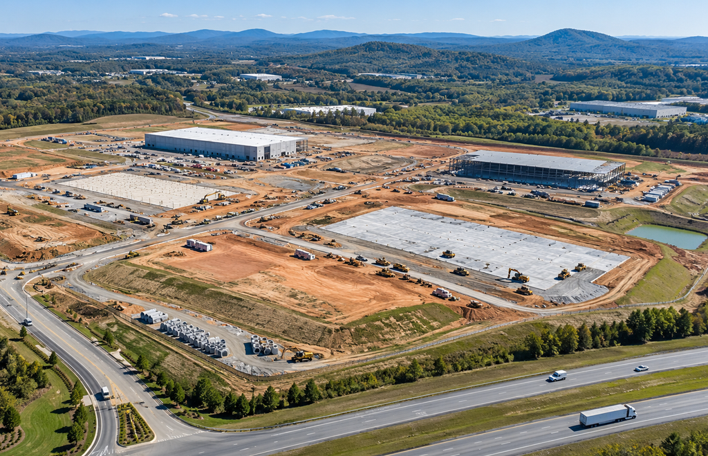 Illustrative aerial view of a large North Carolina commercial and industrial development site
